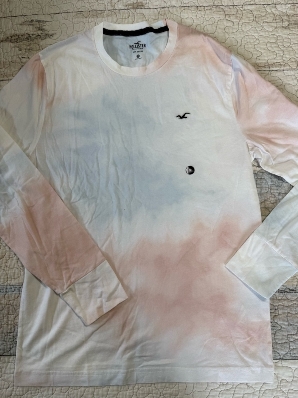 Hollister Crew Neck Tie-Dye Long Sleeve Tee in White & Light Pink